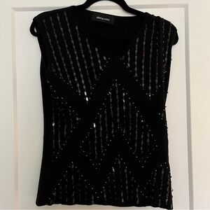 Elena Miro Silk Blend Ribbed Sequinned Beaded Ribbed V-Neck Top Blouse